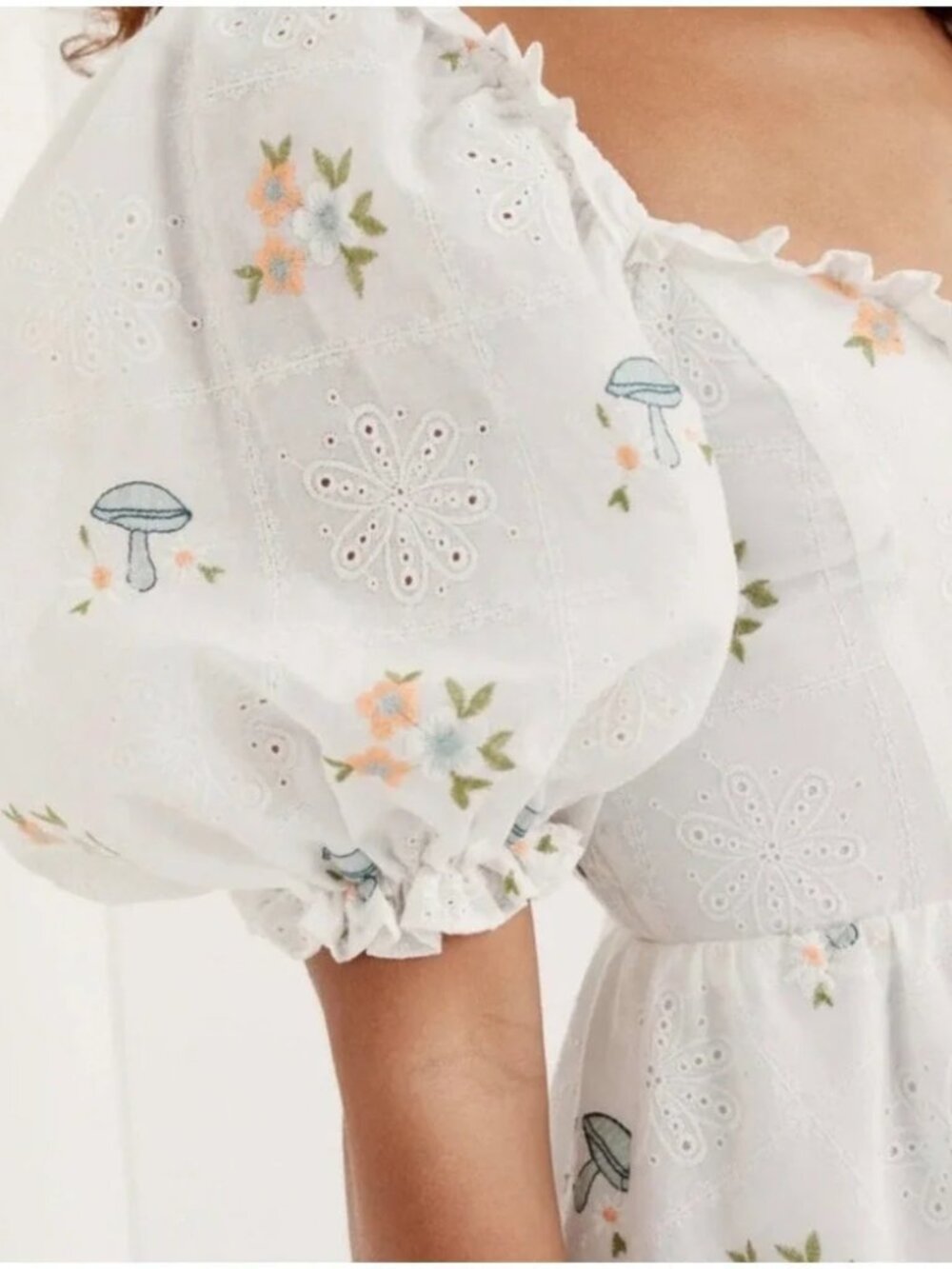 For Love and Lemons Yolanda Mini Dress White Eyelet Mushroom Print Puff Sleeve L - Picture 9 of 12